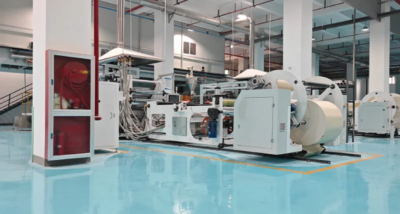 Paper lamination & coating — kraft paper rolls, PE/PET lamination machine in clean workshop